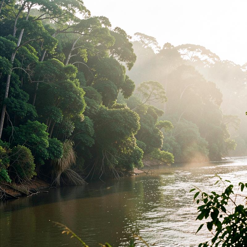 Mata ciliar às margens do rio ao amanhecer